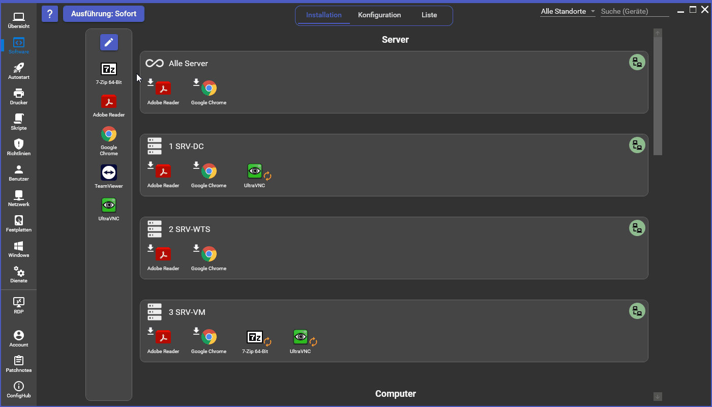 ConfigHub Softwareverteilung — Pakete per Drag & Drop auf Gerätegruppen ziehen